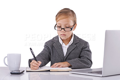 Buy stock photo Business professional, notebook and child planning in studio, ideas and agenda for company. Serious female person, pretend employee and journal for strategy, schedule and diary on white background