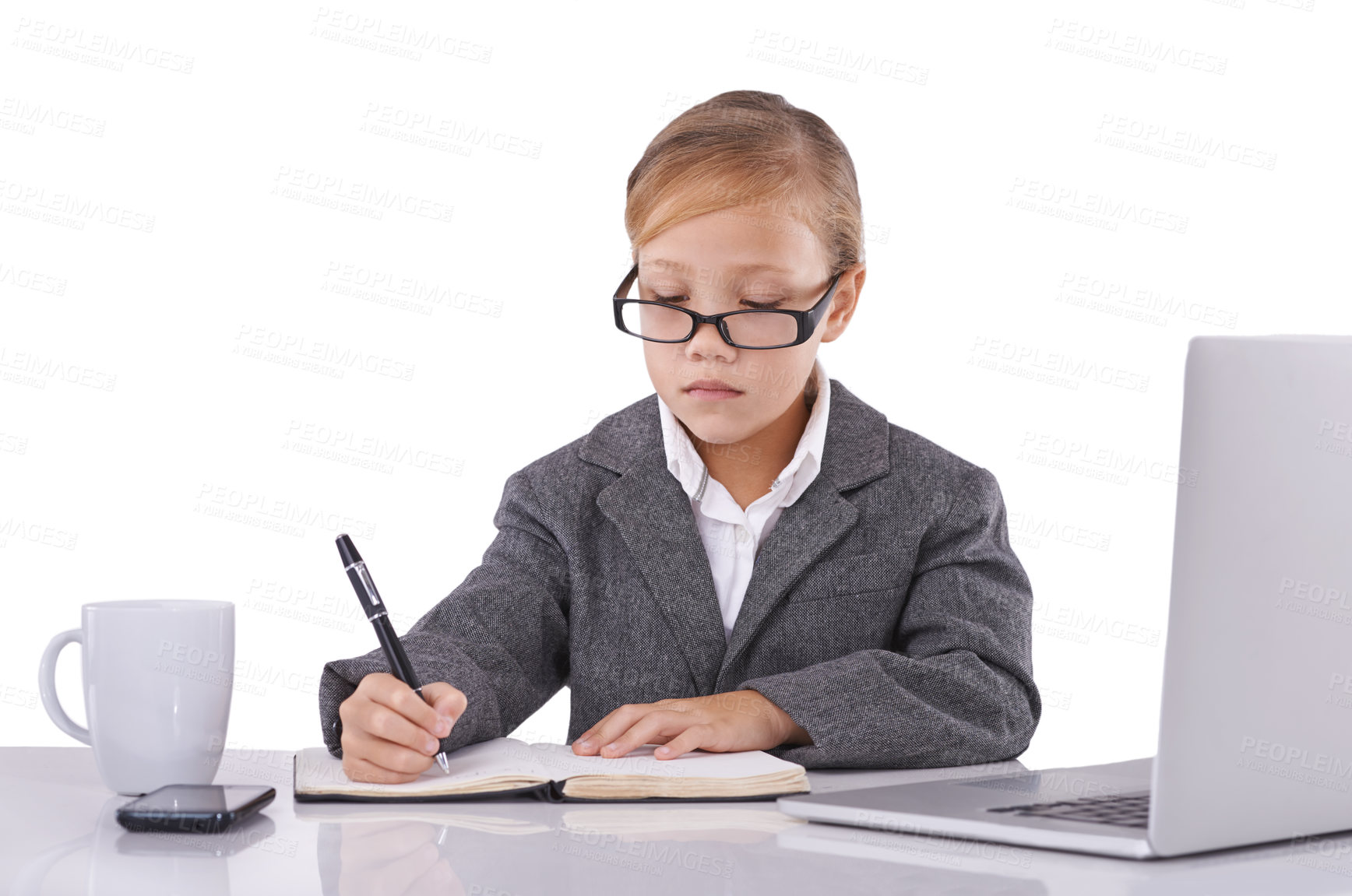 Buy stock photo Business professional, notebook and child planning in studio, ideas and agenda for company. Serious female person, pretend employee and journal for strategy, schedule and diary on white background