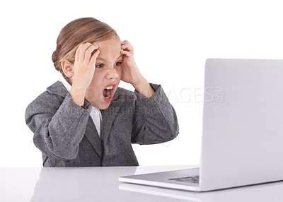 Buy stock photo Business person, child and stress for laptop glitch in studio, angry and 404 error on technology. Girl, kid and pretend play on white background, frustration and mistake or fail on report and email 