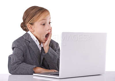 Buy stock photo Business, child and shock for information on laptop in studio, announcement and omg on white background. Female person, girl pretend and playing fantasy game with tech, surprise and discount or promo