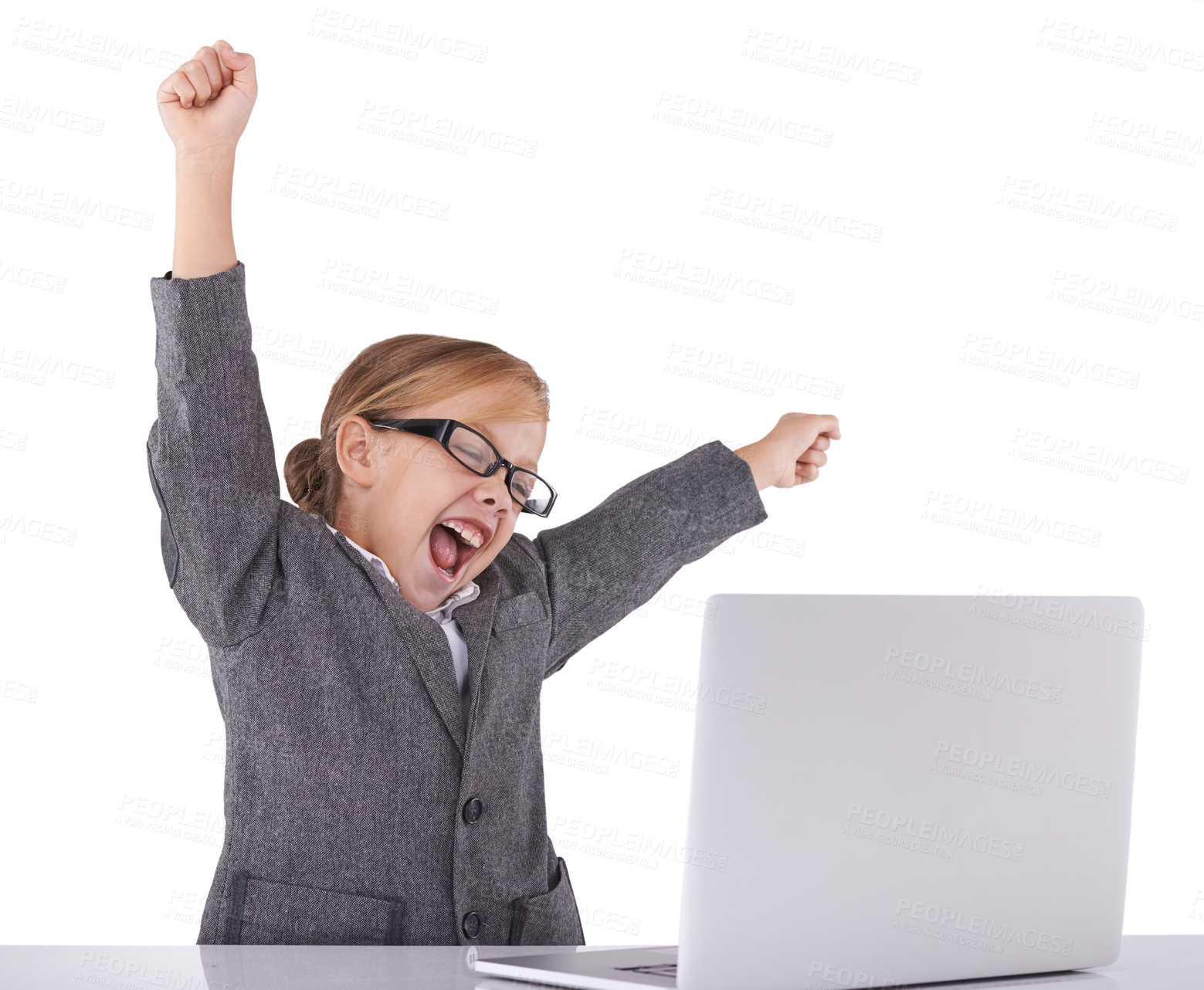 Buy stock photo Business, child and celebrate online win on laptop in studio, promotion and fist pump for achievement. Female person, bonus and pretend play on white background, prize and investment in fantasy game