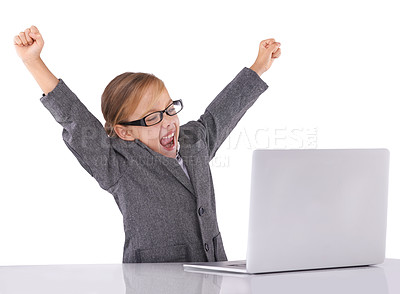 Buy stock photo Business, child and celebrate win on laptop in studio, promotion and fist pump for achievement. Female person, bonus and pretend play on white background, prize and investment or sale in fantasy game