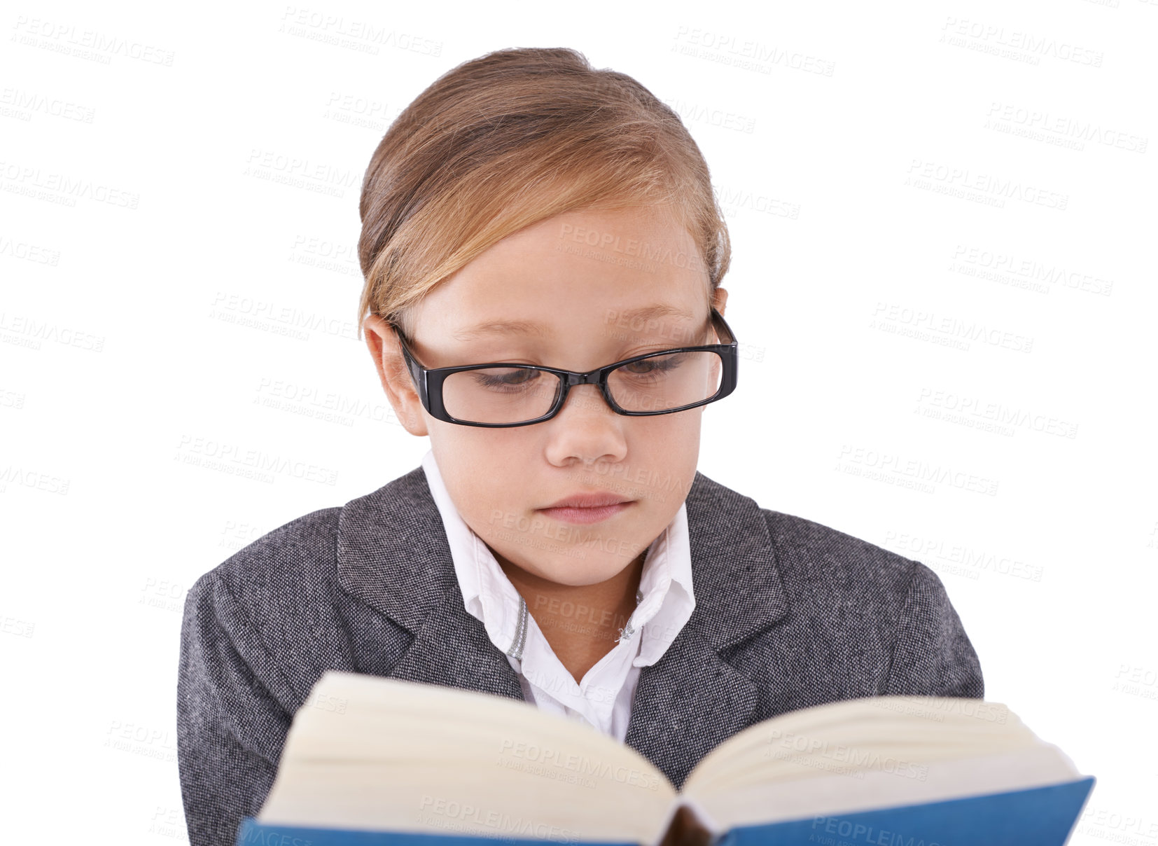 Buy stock photo Girl, child and reading book for knowledge in studio, learning and fiction novel on white background. Female person, story and information for imagination development, education and studying literacy