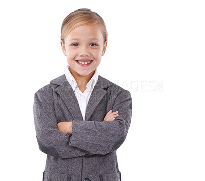 Buy stock photo Business, child and happy pride in portrait, pretend employee and playing game on studio backdrop. Female person, face and confidence in career on white background, entrepreneur and smile for startup