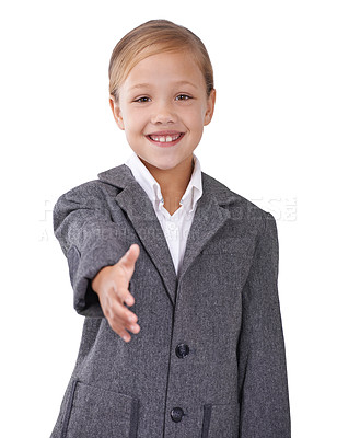 Buy stock photo Business person, portrait and child handshake offer in studio, interview and pretend hr manager. Female person, onboarding and welcome on white background, introduction opportunity and thank you