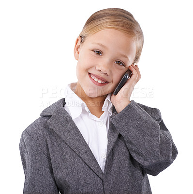 Buy stock photo Business, phone call and child in studio portrait, networking and communication on white background. Female person, pretend professional and playing, consulting and connection on smartphone for news