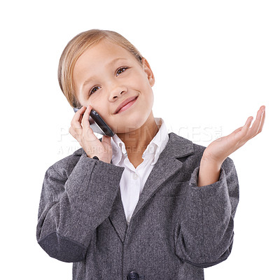 Buy stock photo Business, phone call and child in studio networking and communication on white background. Female person, pretend professional and playing confused, consulting and connection on smartphone or doubt