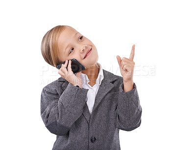 Buy stock photo Child, phone call and business suit for play dress up in studio for future, connection or white background. Female person, digital device and finger for thinking idea game for lawyer, goal or mockup