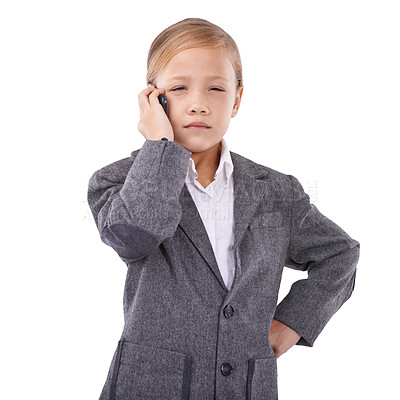 Buy stock photo Business, child and phone call in studio with anger, feedback and connection problem or sales deal failure. Little girl, cross and smartphone to pretend as boss and bad service by white background