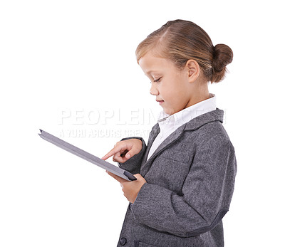 Buy stock photo Business, child and online research on tablet in studio, internet connection and tech on white background. Female person, networking and app for planning, pretend professional and playful for info