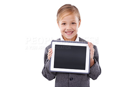 Buy stock photo Child, portrait and mockup space on tablet for promotion in studio, information and announcement. Happy female person, girl and blank screen for deal or sale and discount, bonus and white background