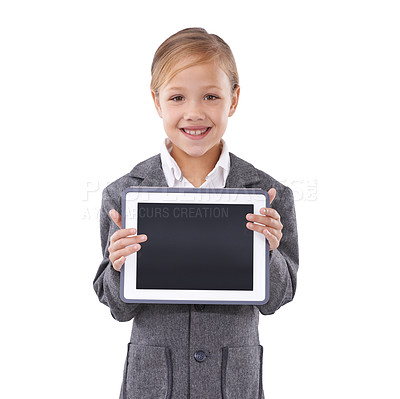 Buy stock photo Child, girl and tablet screen in studio for education, online school and marketing space on a white background. Student or kid portrait on digital technology and mockup for e learning presentation