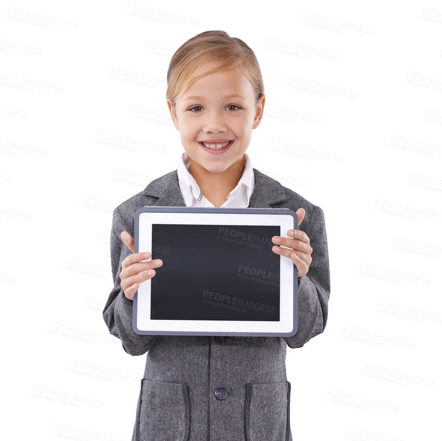 Buy stock photo Child, girl and tablet screen in studio for education, online school and marketing space on a white background. Student or kid portrait on digital technology and mockup for e learning presentation