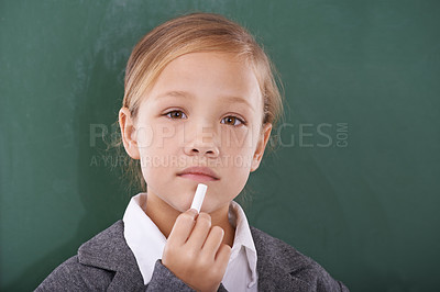 Buy stock photo Child, chalk and board or portrait thinking in classroom education, development or solution. Female person, face and thoughts as student for writing lesson or creative idea, mockup or brainstorming