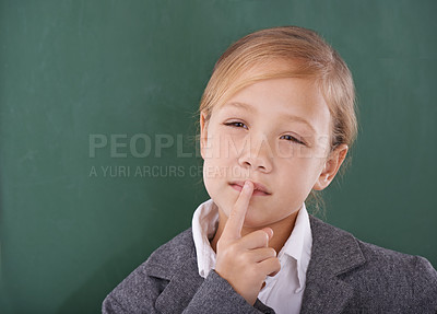 Buy stock photo Child, thinking and chalkboard for school idea or learning education for lesson, writing or mockup space. Girl, kid student and finger thoughts in class for study development, classroom or knowledge