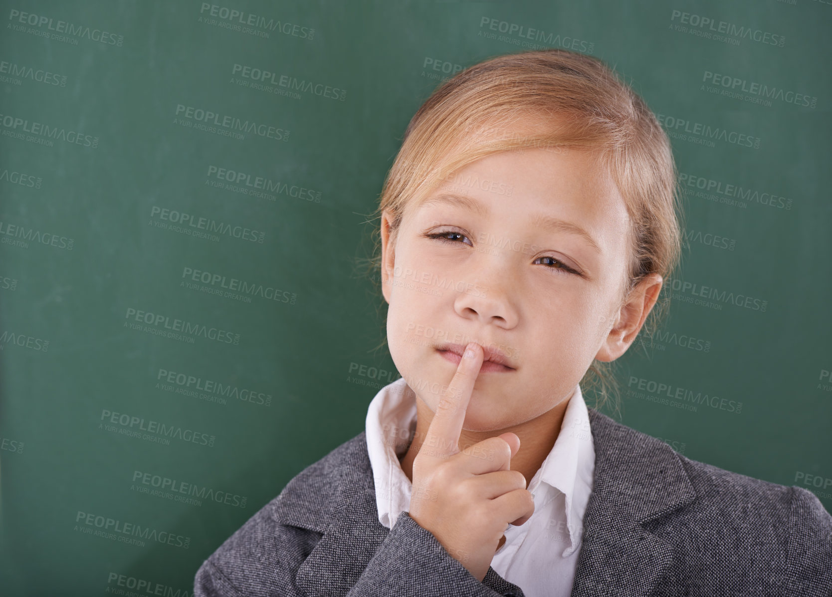 Buy stock photo Child, thinking and chalkboard for school idea or learning education for lesson, writing or mockup space. Girl, kid student and finger thoughts in class for study development, classroom or knowledge