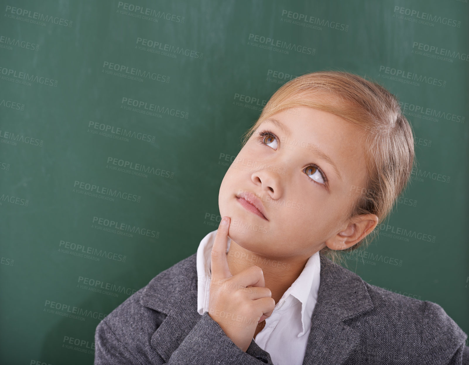 Buy stock photo Child, thinking and chalkboard for education idea or learning school for lesson, writing or mockup space. Girl, kid student and finger thoughts in class for study development, classroom or knowledge