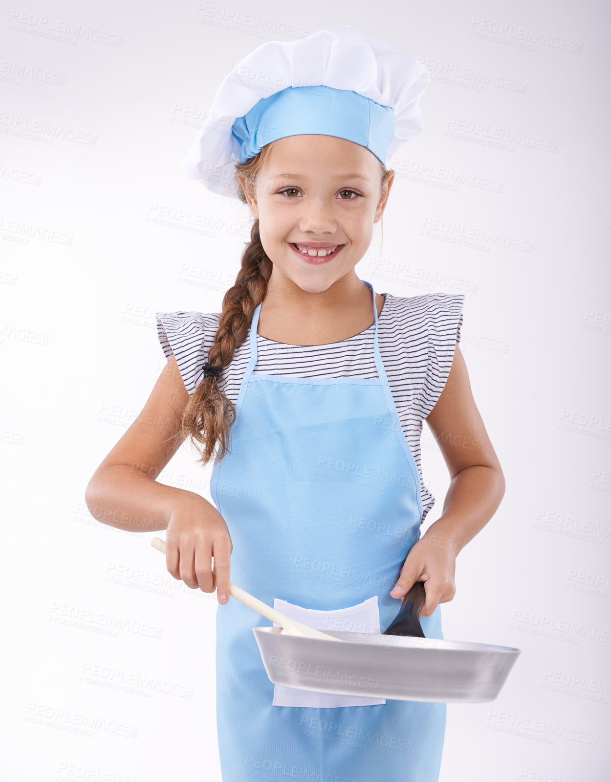 Buy stock photo Kid, chef and portrait with pan, confident and child development on white background. Culinary skills, happy and learning to cook food and childhood growth with confidence in hospitality industry