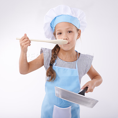 Buy stock photo Kid, chef and portrait for tasting food, confident and child development on white background. Culinary skills, happy or ready to cooking or childhood growth with confidence in hospitality industry