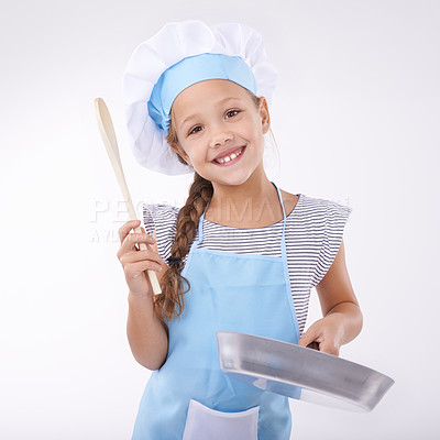 Buy stock photo Kid, chef and portrait with cooking utensils, happy and child development on white background. Culinary skills, learn to cook, food and childhood growth with confidence in hospitality industry