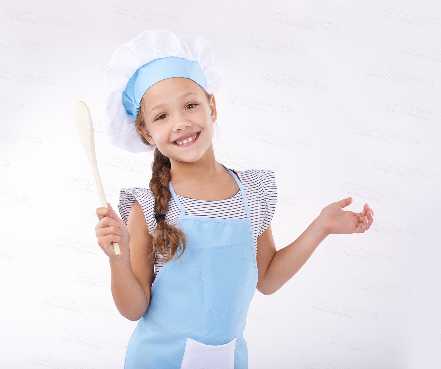 Buy stock photo Kid, chef and portrait with spatula, happy and child development on white background. Culinary skills, young and learn to cook food and childhood growth with confidence in hospitality industry