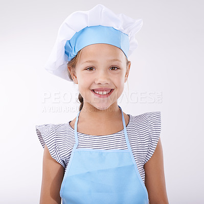 Buy stock photo Kid, chef and portrait with apron, confident and child development on white background. Culinary skills, happy and ready to cook, food and childhood growth with confidence in hospitality industry