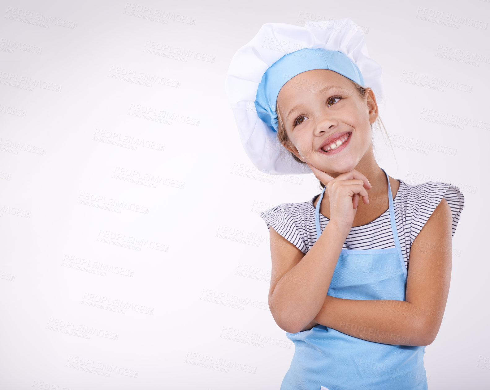 Buy stock photo Child, chef and thinking of food idea and menu for recipe development on white studio background. Culinary skills, young and ready to cook and mockup space with confidence in hospitality industry