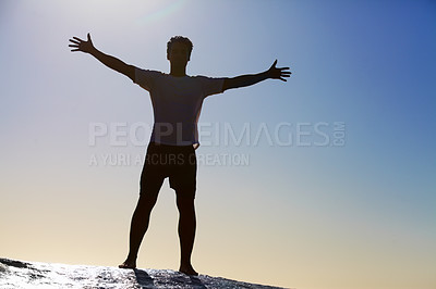 Buy stock photo Man, horizon and freedom, blue sky and hiking in nature for adventure and fitness, mockup space and travel. View while trekking, journey and hiker with outdoor view, sun and exercise on mountain