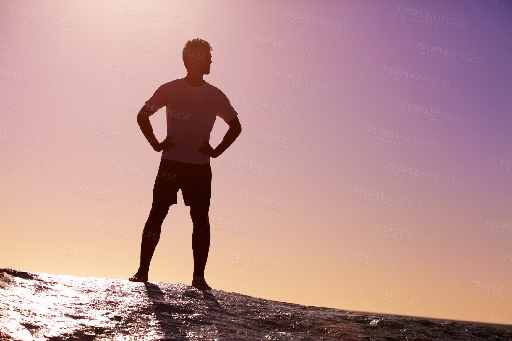 Buy stock photo Man, horizon and sky with hiking on cliff in nature for adventure and fitness, mockup space and travel. Trekking, journey and hiker outdoor with view, sunset color and exercise on mountain trip