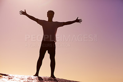 Buy stock photo Man, horizon and freedom in sky with hiking in nature for adventure and fitness, mockup space and travel. View with trekking, journey and hiker outdoor with sunset color and exercise on mountain