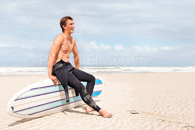 Buy stock photo Thinking, beach and shirtless man with surfboard on space in wetsuit for sports, travel or fitness. Nature, vision and body of young surfer laughing with sand by ocean for exercise on blue sky