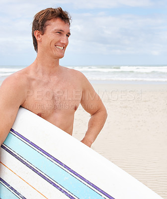 Buy stock photo Thinking, smile and body of man with surfboard at beach on blue sky for sports, travel or fitness. Nature, vision and happy young shirtless surfer on sand by ocean or sea for exercise and training