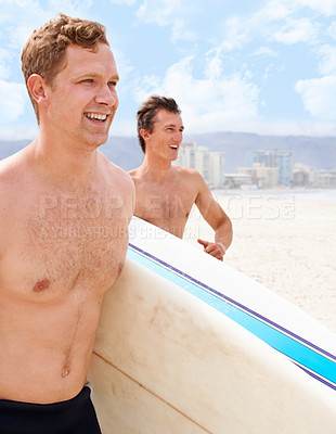 Buy stock photo Smile, surfing and friends running on beach together for travel, sports or fitness in summer. Training, exercise and shirtless surfer men on sand for vacation or holiday on coast of Australia