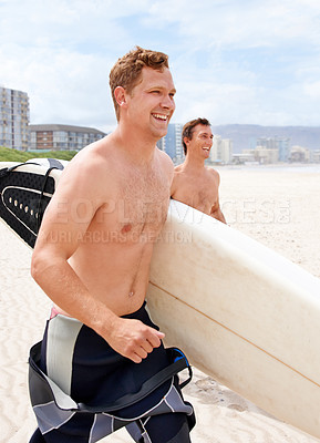 Buy stock photo Fitness, surfing and friends running on beach together for travel, sports or exercise in summer. Training, smile and shirtless surfer men on sand for vacation or holiday on coast of Australia