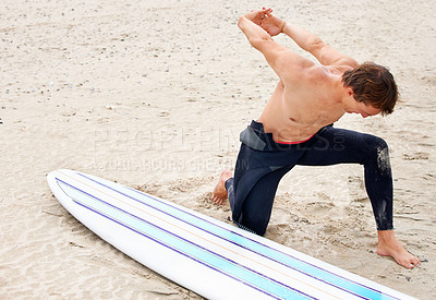Buy stock photo Surfer, man is stretching and beach sand with surfboard for ocean waves and start fitness, adventure and travel. Nature, vacation and surfing in Hawaii, summer holiday on an island and extreme sports