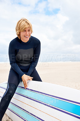 Buy stock photo Beach, happy man or laughing with surfboard to relax on vacation or adventure for fitness or travel. Smile, waiting or surfer at sea on holiday in Hawaii or ocean for wellness or extreme sports 