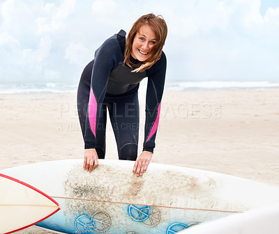 Buy stock photo Beach, portrait or happy woman with surfboard to relax on vacation or adventure for fitness or travel. Smile, waiting or surfer at sea on holiday in Hawaii or ocean for wellness or extreme sports 