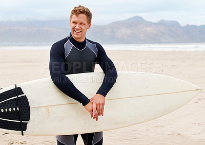 Buy stock photo Surfboard, happy man or vacation on ocean to relax on vacation or adventure for fitness or travel. Smile, person waiting or surfer at sea on holiday at beach in Hawaii for wellness or extreme sports