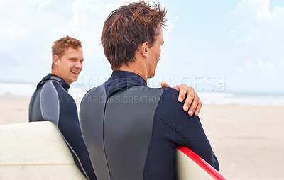 Buy stock photo Surfboard, friends or waiting at beach on holiday on vacation or adventure for fitness or travel. Ready, people or active surfers at sea on holiday in ocean in Hawaii for wellness or extreme sports