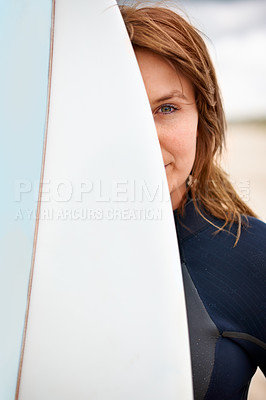 Buy stock photo Surfboard, portrait or female surfer at sea for fitness training, workout or sports exercise in Hawaii. Healthy, athlete or woman ready for surfing on fun holiday vacation at beach, ocean or nature