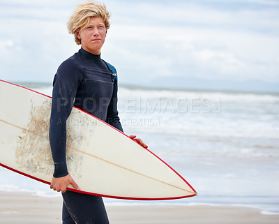 Buy stock photo Surfboard, teenager or male surfer at sea for fitness training, workout or sports exercise in Hawaii. Healthy, athlete or boy ready to start surfing on fun holiday vacation at beach, ocean or nature 