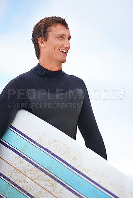 Buy stock photo Surfer, happy man on beach and surfboard, vacation and adventure for fitness and travel outdoor. Ocean, waves for surfing and seaside holiday in Hawaii, nature and tourism with extreme sports