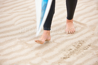 Buy stock photo Surfer, walking or feet on beach sand with surfboard on vacation for fitness training, wellness or travel. Legs of athlete, person or surfing at sea on holiday in Hawaii or ocean in extreme sports