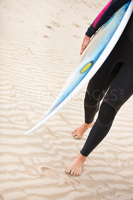 Buy stock photo Surfer, man or feet on beach sand with surfboard on vacation or adventure for fitness, walking or travel. Legs of athlete, outdoor or surfing at sea on holiday in Hawaii or ocean in extreme sports