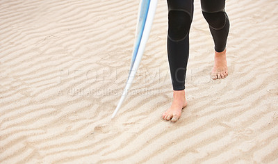 Buy stock photo Athlete, walking or feet on beach sand with surfboard on vacation for fitness training, wellness or travel. Legs of surfer, person or surfing at sea on holiday in Hawaii or ocean in extreme sports