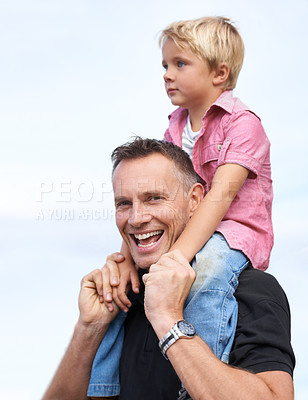 Buy stock photo Love, portrait and piggyback by father and son outdoor for fun, bonding or travel adventure. Happy family, support or parent with boy kid outside for shoulder ride, games or care, security or journey