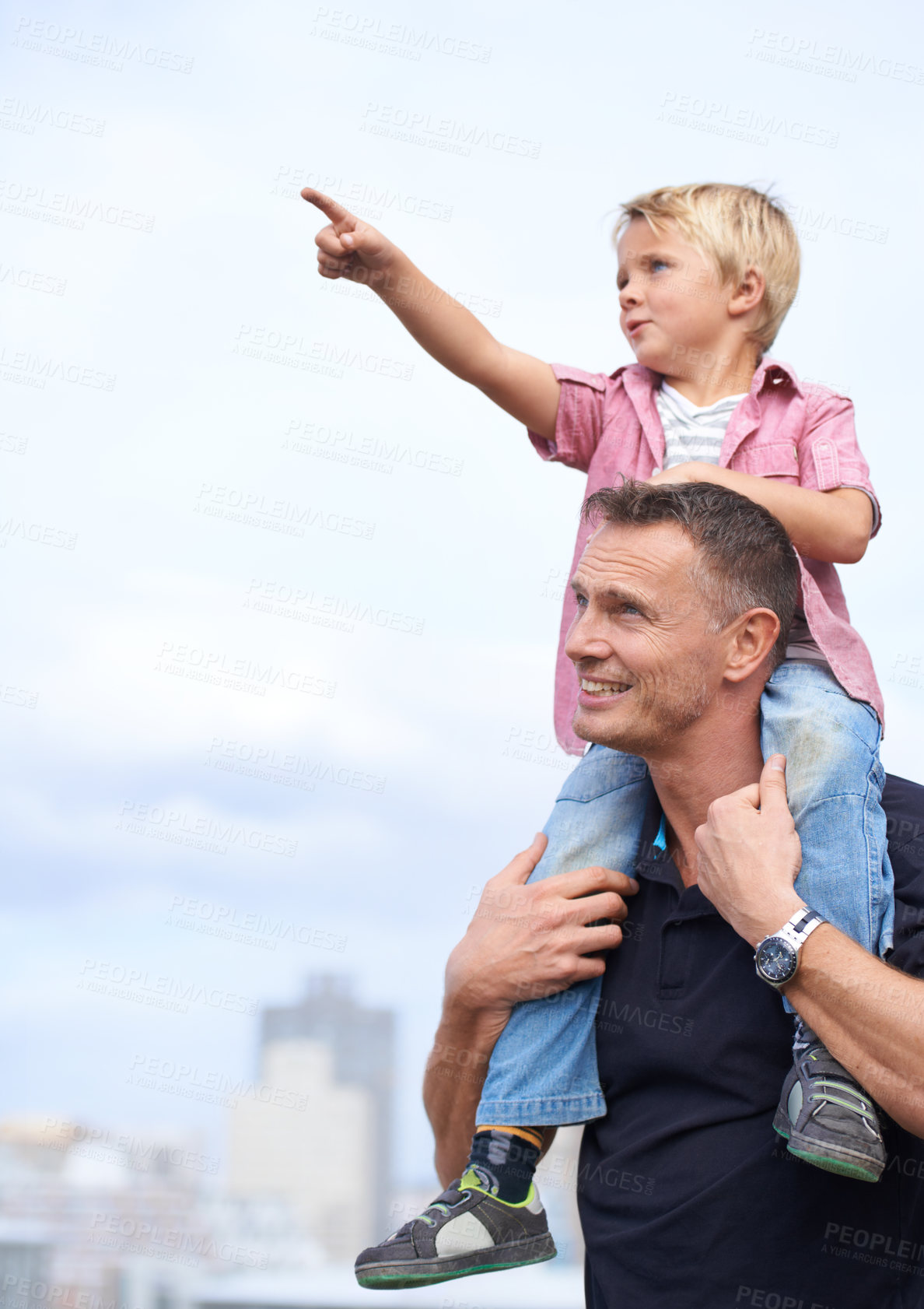 Buy stock photo Hand pointing, piggyback or father and son outdoor for walking, adventure or bonding on sky background. Love, family and parent with boy kid outside with gesture for travel, direction or journey