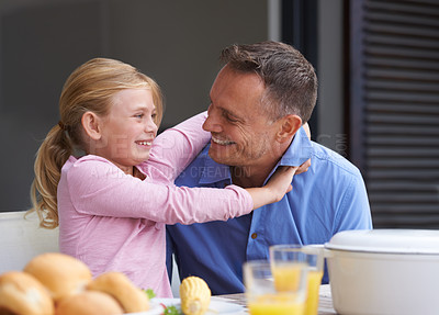 Buy stock photo Family, father and daughter hugging for lunch at dining room table in home together for health, diet or nutrition. Food, smile or happy with man parent and young girl child in apartment for lunch