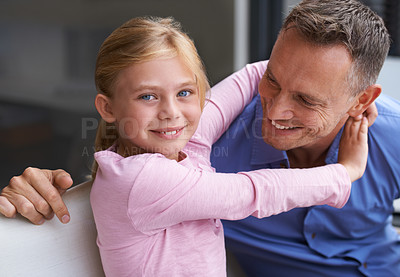 Buy stock photo Portrait of a little girl hugging her father
