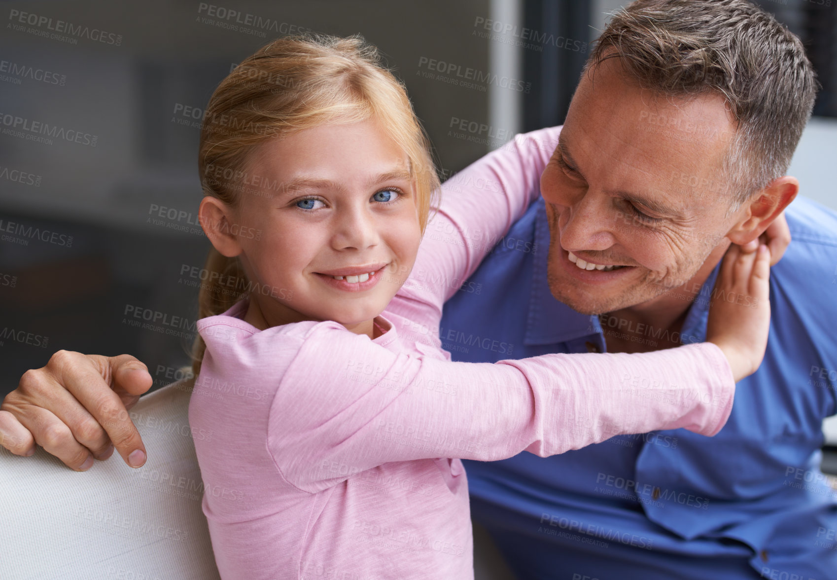 Buy stock photo Portrait of a little girl hugging her father